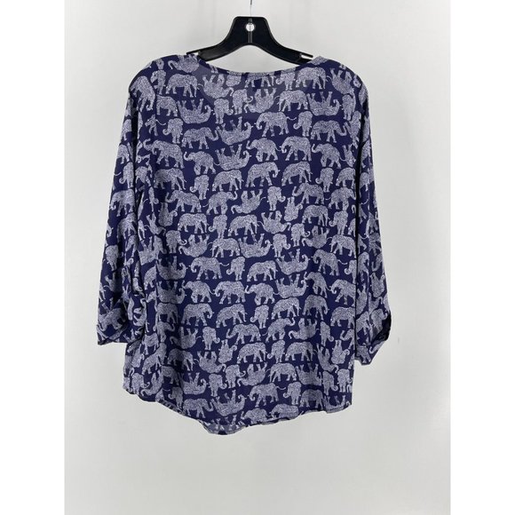 Mix by 41 Hawthorn Navy Blue Elephant Print Long Roll Tab Sleeve Top Shirt Small - Picture 5 of 12